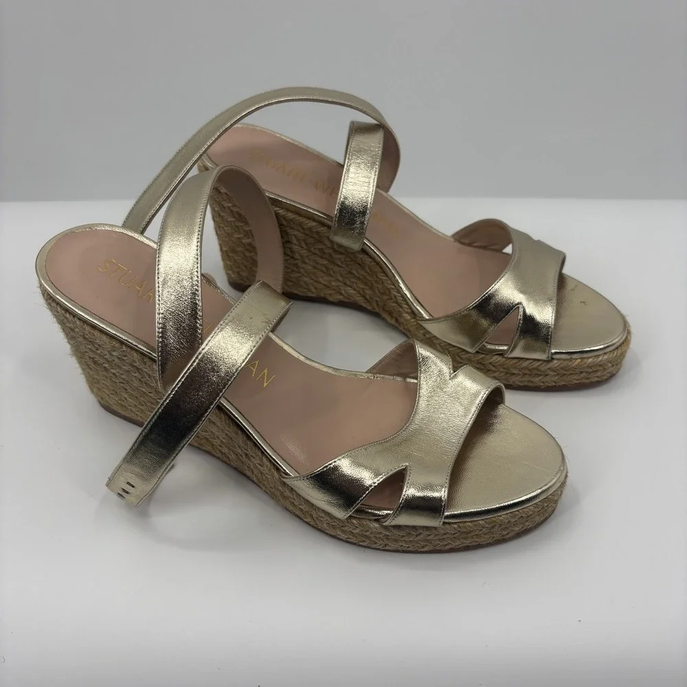 Stuart Weitzman Metallic Gold Leather Espadrille Strappy Wedge Sandals Womens 9